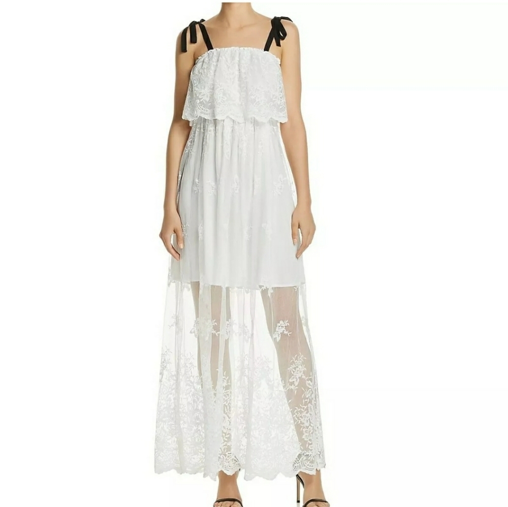 AQUA White/black Ruffled Mesh Embroidered Maxi